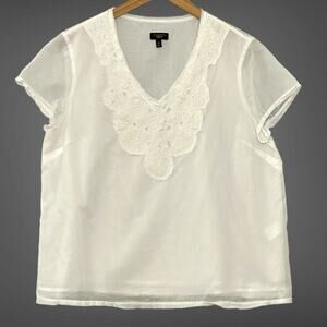 Talbots Womens Top 16P White Gauzy Cotton Sheer Beaded Embroidered Classic Beach